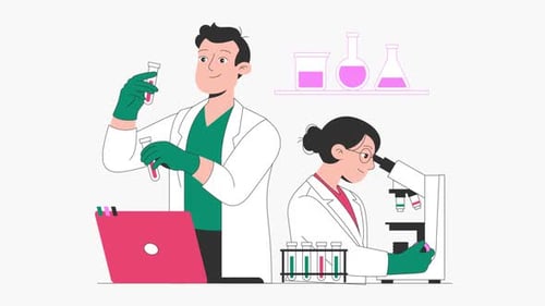 Animated Scientists Working in Laboratory Flat Design Illustration