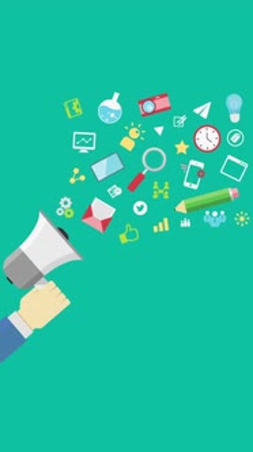 Megáfono con nube de aplicaciones coloridas en vertical