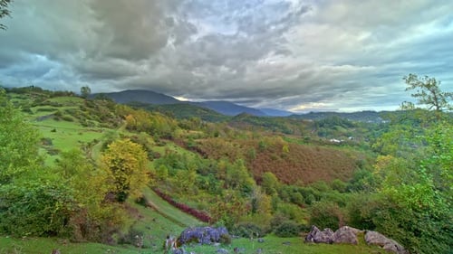 Landscape of Countryside with Green Hills and Mountains Covered By Plants and Flowers in Timelapse