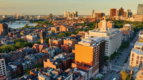 Lovely architecture of Boston at golden hour. Bright scenery of the USA city from top view.