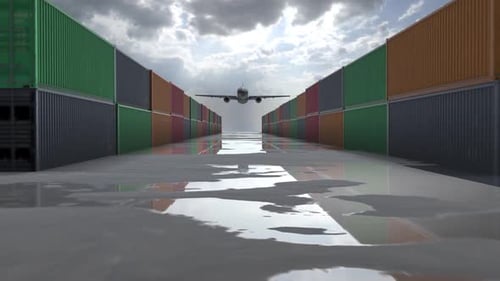 Airplane Flying Above Shipping Containers Logistics Animation