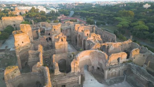 Beautiful Aerial View Above Baths of Caracalla. Rome, Italy. Roman Architecture