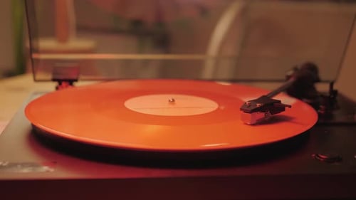 Red Color Vinyl Disc Record Closeup Playing Music Vintage Old Vinil Player Black Phonograph Spinning