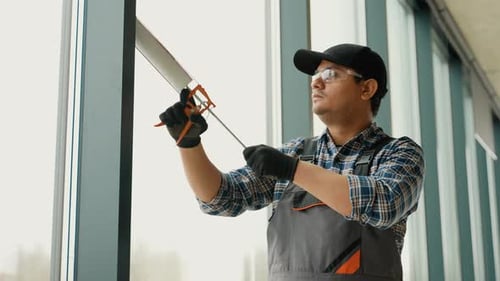 Indian Worker Sealing Joints of Office Window