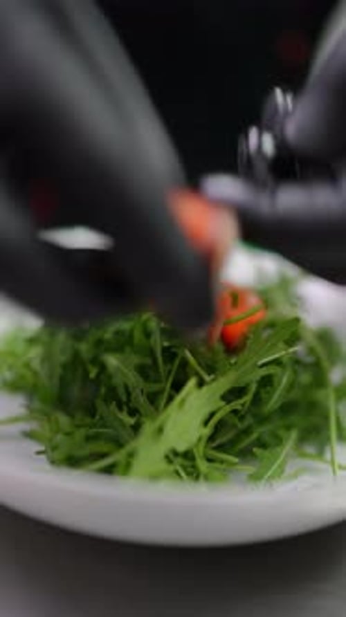 Un chef professionnel prépare des tranches de saumon frais sur de la roquette croustillante et présente une salade gastronomique avec