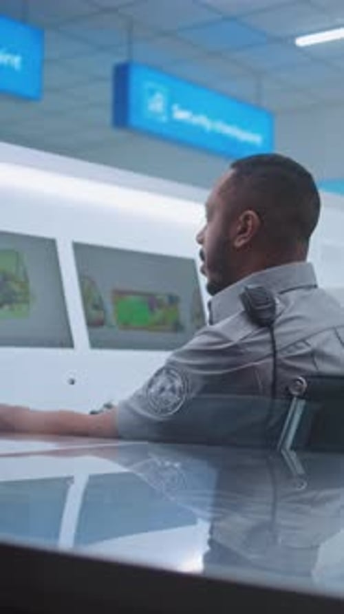 Security Officer Monitors Baggage Screening Passengers at Airport Security Checkpoint