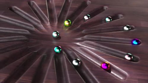 Vibrant 3D Animation Showing Multicolored Chrome Spheres Dispersing on a Polished Dark Wood Surface