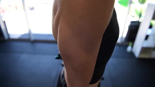 Close shot of the muscles of a woman lifting dumbbells in a gym.