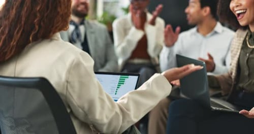 Business, people and laptop with applause in meeting for profit growth, financial success