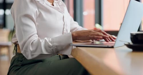 Business, hands and typing with laptop in cafe for remote work, corporate proposal