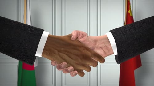 Algeria and China Officials Business Meeting. Diplomacy Deal Animation. Partners Handshake 4K