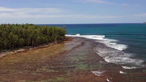 Drone downward crane view of tide washing in on Indonesian jungle coastline