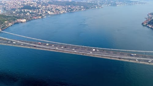 Drone View of Traffic on the 15 July Martyrs Bridge Over the Istanbul Bosphorus