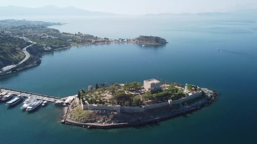 Aerial view of Guvercinada Island with scenic castle, Kusadasi