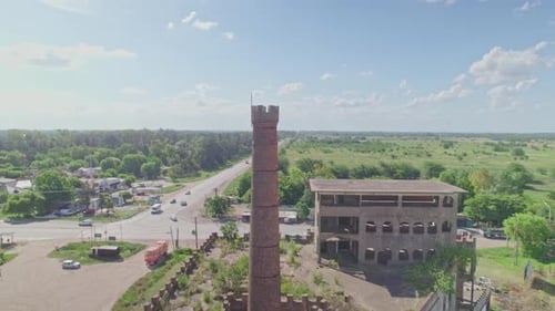 Orbit View of Brick Chimney Abandoned Factory in Cañuelas, Argentina