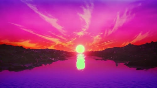 Animation rétro des années 1980 avec rochers, rivière, soleil et rose cyberpunk