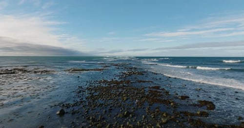 flying over sea spit with seagulls and with oceand waves