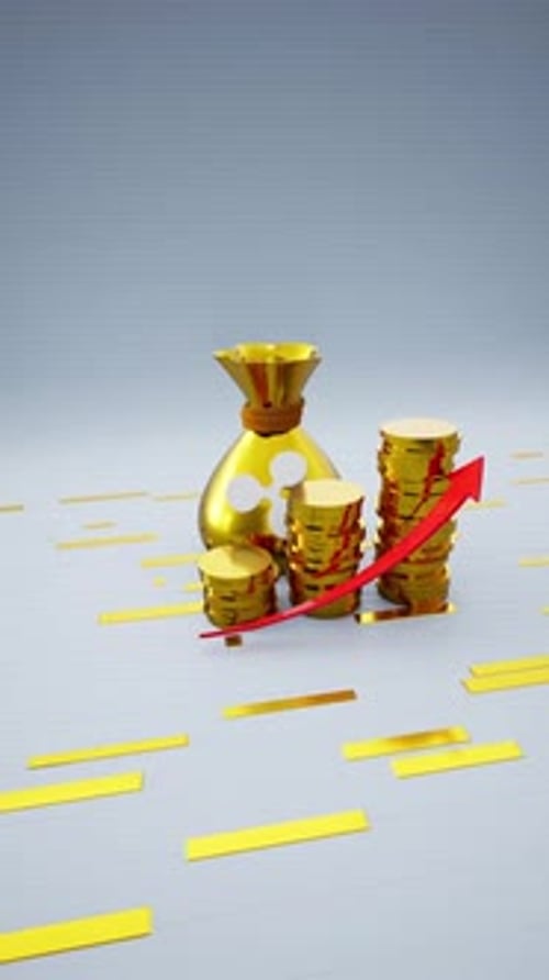 Vertical Golden Money Bag With A Ripple Symbol And Increasing Coins Including Red Upward Arrow