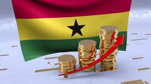 Ghana Flag With Gold Coins Tower And Up Arrow