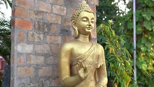 Cinematic parallax shot of Buddha Statue kept in outdoor location.
