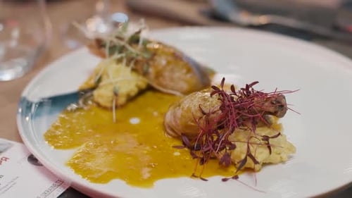 Close up view an exclusive dish from the chef. Italian cuisine, restaurant main course dish