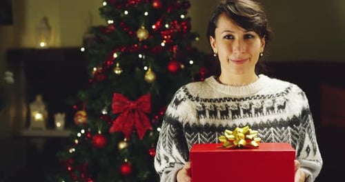 Woman Offers Christmas Gift Near Decorated Tree