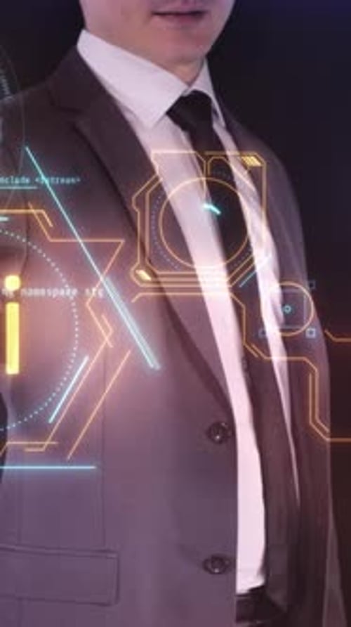 A Businessman Works with a Virtual Projection of a Chatbot on a Panel