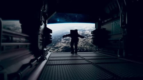 An Astronaut Runs and Almost Falls Out of a Spaceship Into Outer Space