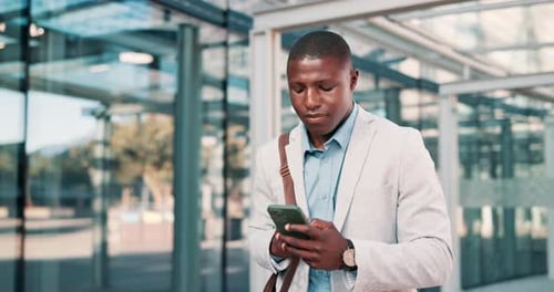 Businessman, walking or phone in city commute to work or office on outdoor travel with message