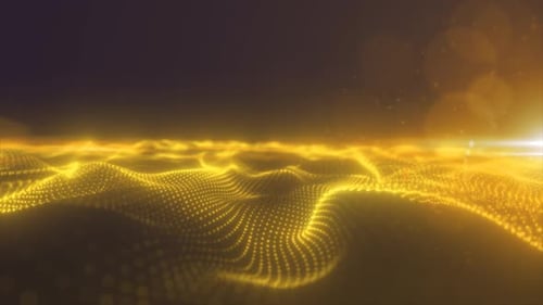 The abstract yellow energy surface with magic waves of particles and points