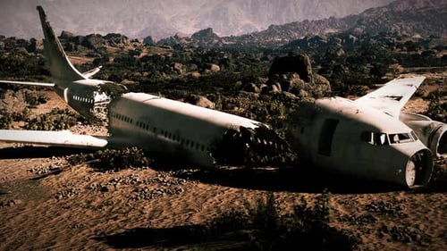 Plane Wreckage in Remote Desert Landscape After a Tragic Crash Event
