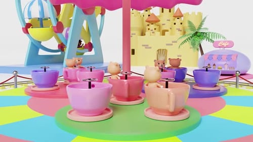 Colorful Amusement Park with Tea Cup Ride