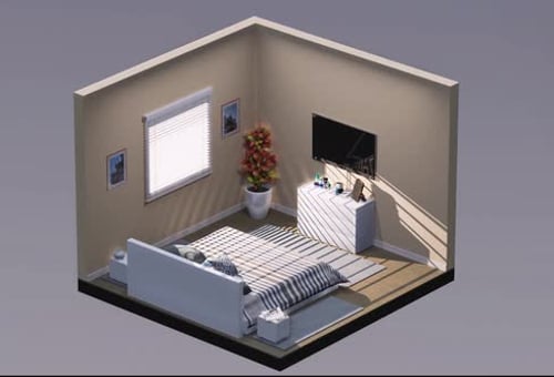 Visualice el diseño de su próxima casa con este moderno concepto de dormitorio isométrico con iluminación cálida