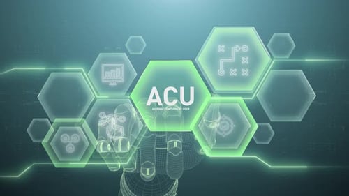 Robotic Hand Interacts with Digital Hexagonal Business Interface
