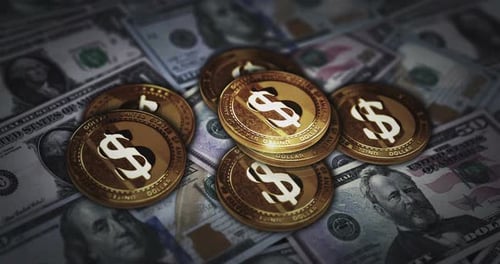 Dollar USD currency coin over Dollar banknotes