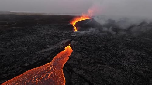 Volcano Eruption at Night Red Burning Lava Erupts From Crater in Iceland Formation of a New Active
