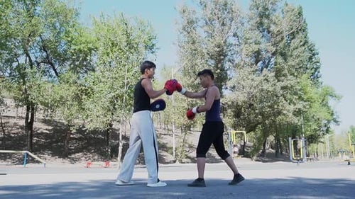 Two Young Men Sparring with Boxing Gloves Outdoors in Park Preparing Attack Stance