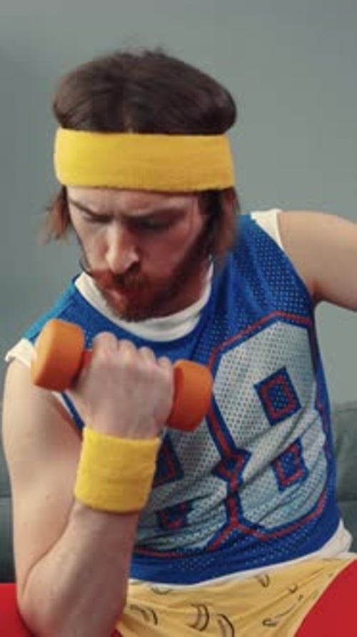Retro Fitness Enthusiast Proudly Adorned in a Colorful Headband and Vibrant Sports Jersey