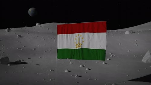 Tajikistan Flag Waving on Moon Surface with Distant Earth