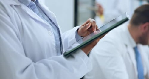 Hands, scroll and research in lab with tablet for quality control, evaluation notes and report
