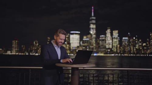 Businessman in Night New York City Mature Man Work on Laptop Outdoor Businessman in Night Street