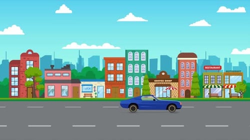 Animated Flat Design City Street with Driving Cars