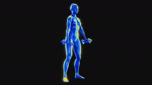 Futuristic 3D Human Figure Performing Dumbbell Exercises