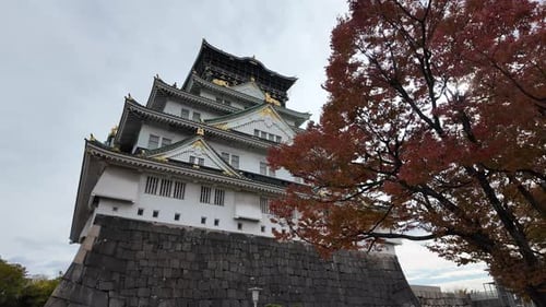 Osaka Castle Surrounded By Moat and Autumn Foliage