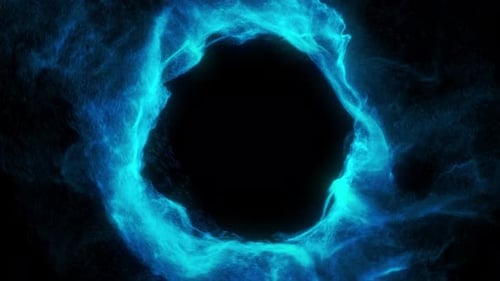 Abstract Luminous blue particles vortex with copyspace in center.