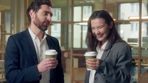 Happy Laughing Business Coworkers Drinking Coffee Break Friendly Talking at Office Caucasian Korean