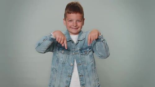 Toddler Kid Boy Pointing Down Saying to Subscribe Gesturing Ok and Like Promotional Advertising