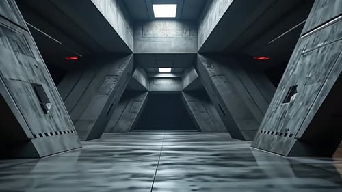 Futuristic, concrete corridor with geometric design
