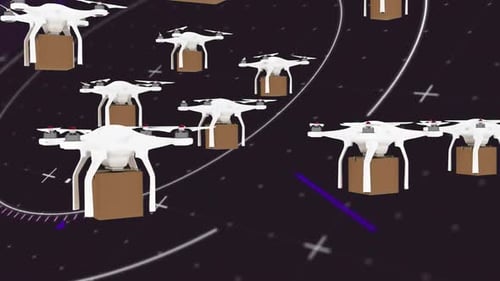 Futuristic Drone Fleet Delivering Packages with Digital Interface