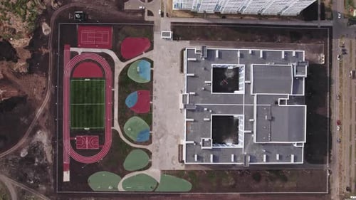New Construction with Large Stadium and Soccer Field Top View